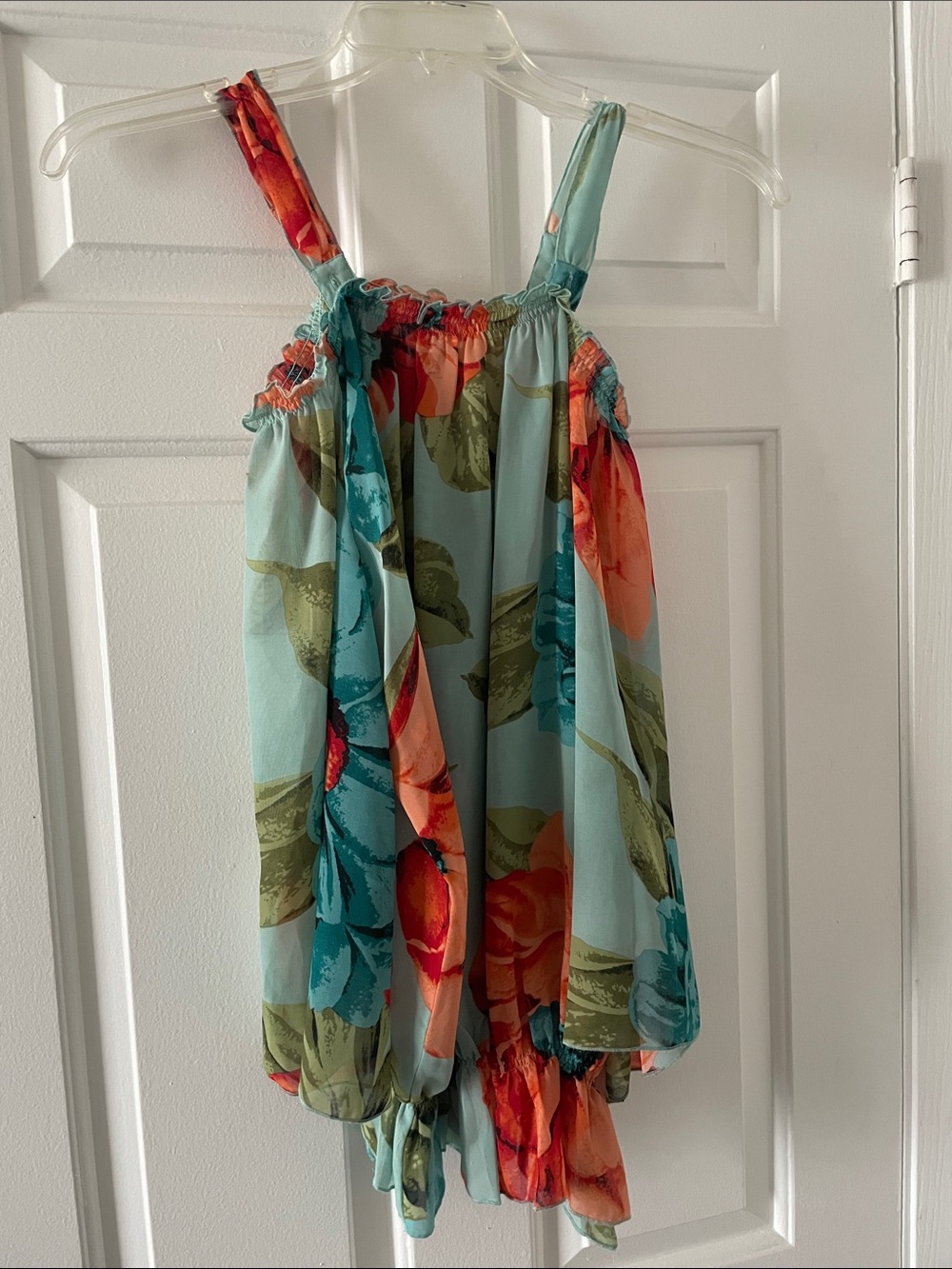 Allison Taylor Teal Floral Sleeveless Blouse with Orange Accents